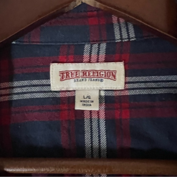 True Religion Collared Western Pocket Red Blue Plaid button up women Shirt large - Picture 7 of 16